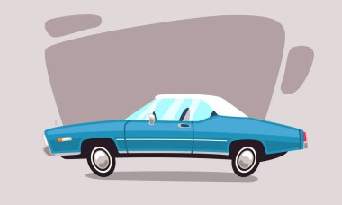 Mavi renkli eski bir araba. Komik çizgi film arabası yan yana duruyor. Lastikler oval tekerlerdir. Animasyonlarda ve çizgi filmlerde kullanılabilir..