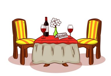İki kişilik romantik masa. Masanın üzerinde bir şişe şarap, bir vazo çiçek, bir kadeh şarap ve bir ikon rezervi var. Resimler çizim tarzında yapılıyor. Randevu için iki kişilik küçük bir masa. 