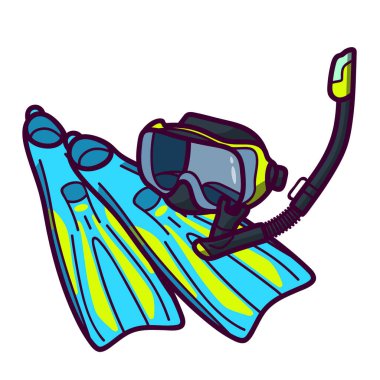 Yüzgeçli maske ve su altında nefes almak için şnorkel. Denize dalmak için bir grup dalgıç. Yaz havası. Beyaz arka planda izole edilmiş. Su altı maceraları için ayarlandı. Dalgıç için yüzgeçli maske.