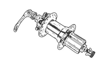 Şık bir çizimle çizilmiş Velo merkezi. Bisiklet yedek parçalarının çevrimiçi mağazası için kullanılabilir. Bisiklet kolu. Mürekkep el çizimi stili görüntü..