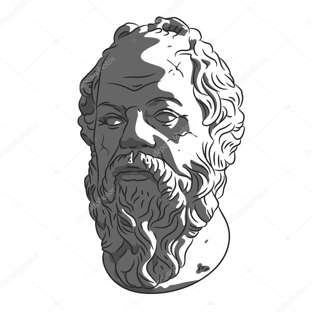 Bust of Socrates.  Ancient Greek philosopher isolated on white background, there is a place for an inscription.