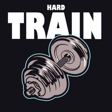 Spor aktiviteleri için motivasyon posteri. Krom kaplama çelik dambıl ve sert harfler.