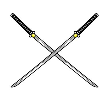 Çapraz geçiş yapan iki katana. Beyaz bir arka planda izole edilmiş, yazıtlar için bir yer var. Samuray silahı.