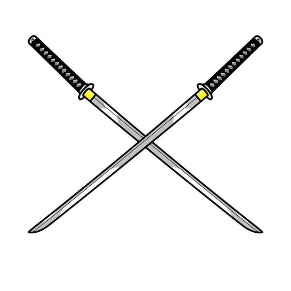 Two katanas cross to cross.Isolated on a white background, there is a place for an inscription.  Samurai weapon