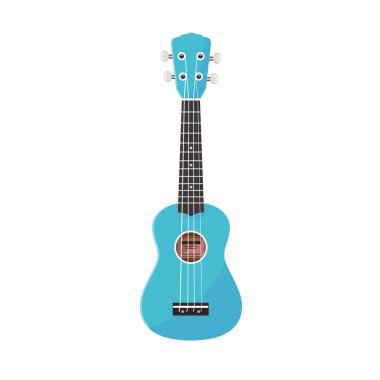 Dört telli küçük mavi gitar. Hawaii mavisi ukuleleler. Beyaz arka planda, bir yazıt için bir yer var.