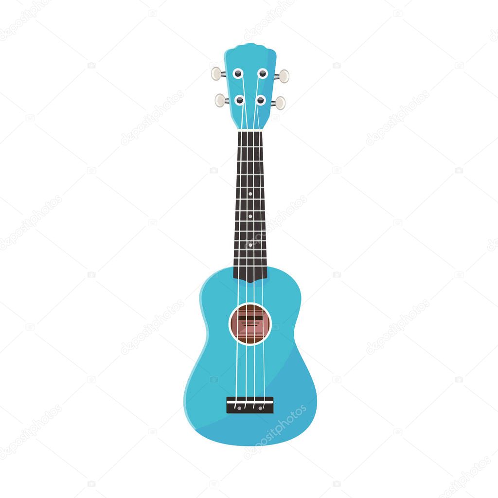 Small blue guitar with four strings.  Hawaiian blue ukuleles.  Isolated on white background, there is a place for an inscription