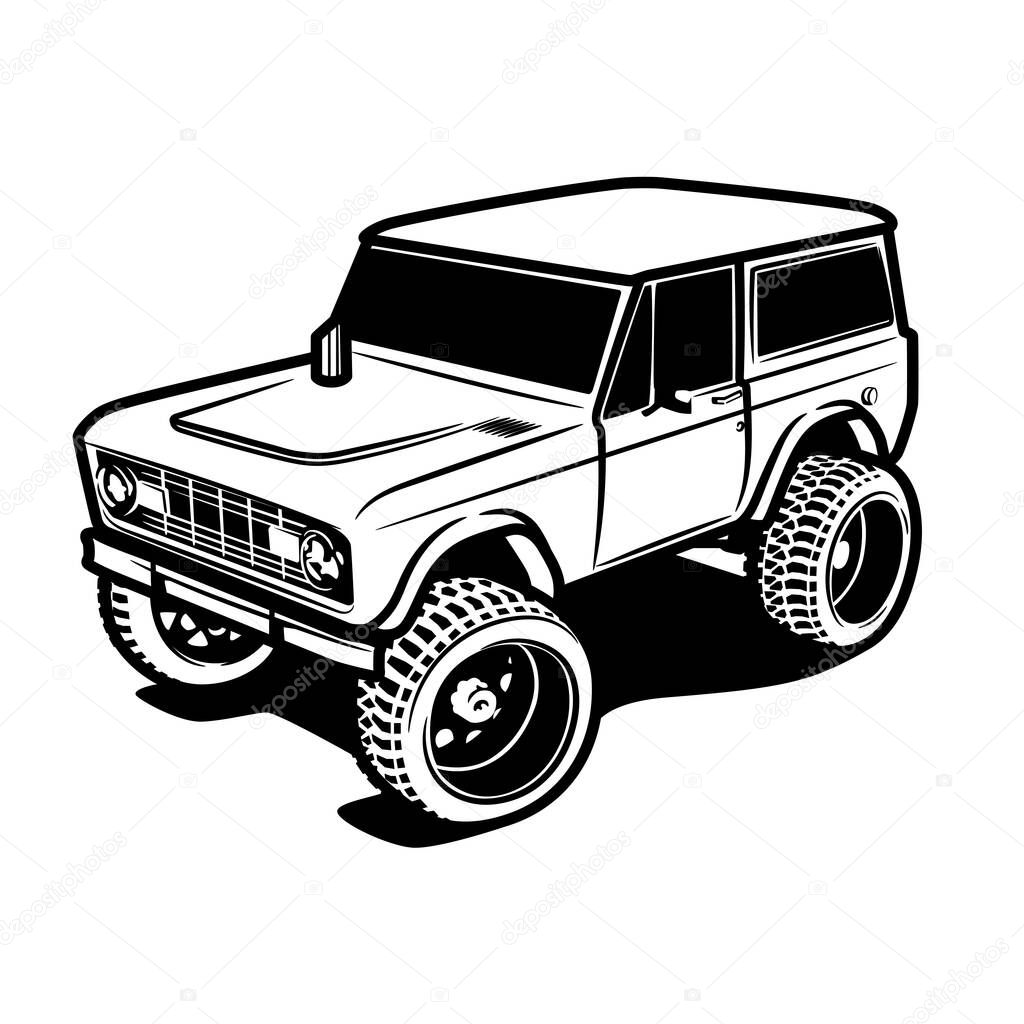 A car with large wheels for travel in the mountains and forests. Isolated on white background. Illustration in ink hand drawn style.