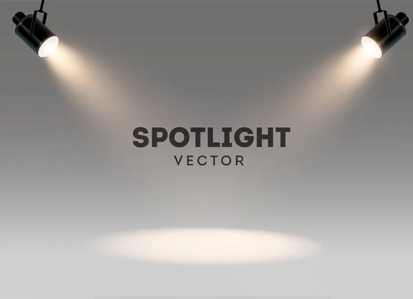 Strålkastare med starkt vitt ljus skiner scen vektor inställd. Upplyst effekt form projektor, illustration av projektorn för studio belysning — Stock vektor