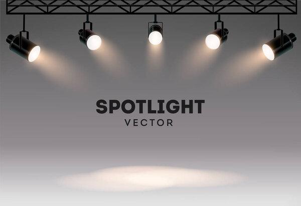 Прожекторы с ярким белым светом, сияющим сценическим вектором. Проектор свечения эффекта, иллюстрация проектора для студийной подсветки
