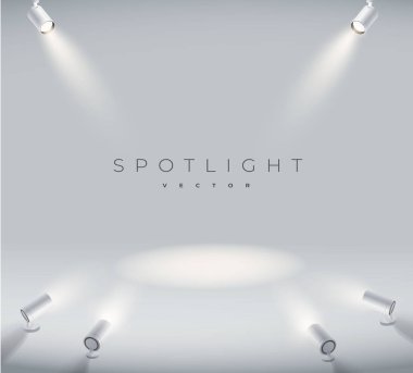 Parlak beyaz ışık parlayan sahne vektör seti ile spot ışıklarını gerçekçi ayarlayın. Işıklı efekt formu projektörü, stüdyo için projektör. Gri renkli eps 10 minimalist lamba