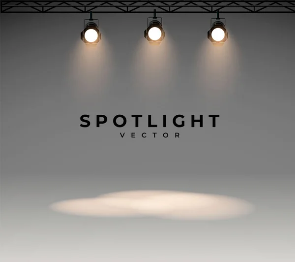 Spotlights med starkt vitt ljus lysande scenen vektor set. Upplyst effektprojektor, illustration av projektor för studiobelysning eps 10 — Stock vektor