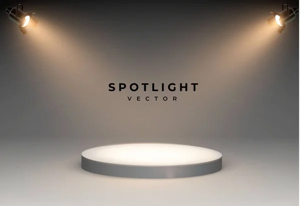 Proyectores con luz blanca brillante juego de vectores de escenario brillante. Proyector de forma de efecto iluminado, ilustración del proyector para iluminación de estudio eps 10. cuatro focos brillan desde la parte inferior hasta la — Vector de stock