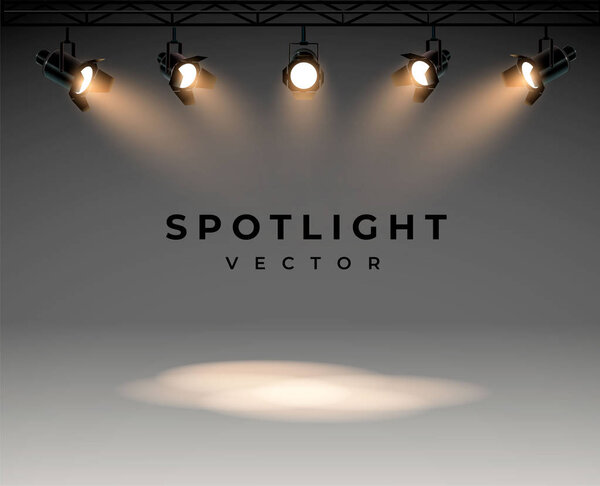 Прожекторы с ярким белым светом, сияющим сценическим вектором. Проектор свечения эффекта, иллюстрация проектора для студийной подсветки eps 10
