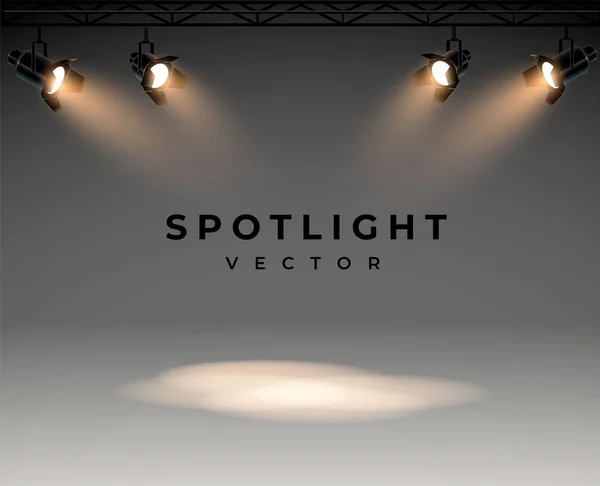 Spotlights med starkt vitt ljus lysande scenen vektor set. Upplyst effektprojektor, illustration av projektor för studiobelysning eps 10 — Stock vektor