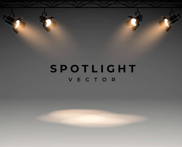 Прожекторы с ярким белым светом, сияющим сценическим вектором. Проектор свечения эффекта, иллюстрация проектора для студийной подсветки eps 10
