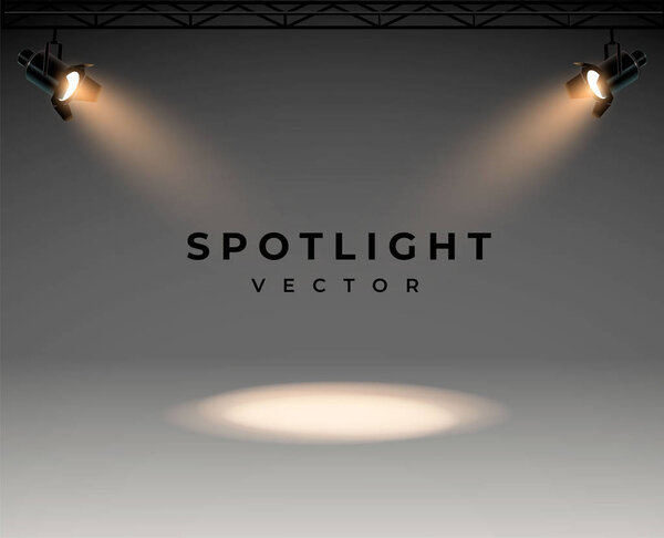 Прожекторы с ярким белым светом, сияющим сценическим вектором. Проектор свечения эффекта, иллюстрация проектора для студийной подсветки eps 10
