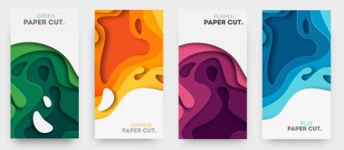 Vertical banners with 3D abstract background with paper cut shapes. Vector design layout for business presentations, flyers, posters and invitations. Colorful carving art clipart