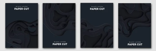 Kağıt kesim dalga şekiller. Katmanlı siyah eğrisi iş sunumları, broşürler, poster için origami tasarım. 4 dikey afiş seti. 3D soyut harita oyma. Vektör Illustration — Stok Vektör