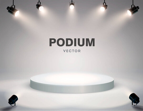 Round podium illuminated by searchlights. Stock vector illustration.