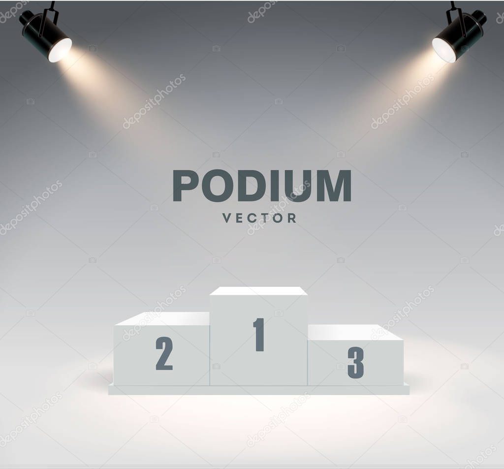 Round podium illuminated by searchlights. Stock vector illustration.