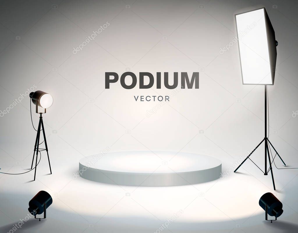 Round podium with spotlight. Modern photostudio. Place. Stock vector illustration.