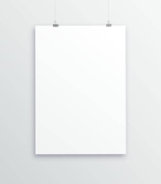 A3, fotoğraflar için A4 dikey boş resim çerçevesi. Süspansiyon ile galeride resim. Gri arka planda yalıtılmış resim çerçevesi mockup şablonu. Kağıt gergin tablet. Vektör. Bağlayıcı klipleri