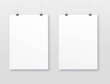 A3, fotoğraflar için a4 yatay boş resim çerçevesi. İki fotoğraf galeride süspansiyon ile. Gri arka planda yalıtılmış resim çerçevesi mockup şablonu. Kağıt gergin tablet. Bağlayıcı klipleri