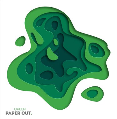 Yeşil kağıt kesiği şekilli üç boyutlu bir arkaplan. İş sunumları, el ilanları, posterler ve davetiyeler için vektör tasarımı. Renkli oyma sanatı, çevre ve ekoloji elementi