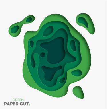 Yeşil kağıt kesiği şekilli üç boyutlu bir arkaplan. İş sunumları, el ilanları, posterler ve davetiyeler için vektör tasarımı. Renkli oyma sanatı, çevre ve ekoloji elementi