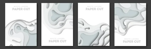 Paper Cut Wave Shapes. Layered white curve Origami design for business presentations, flyers, posters. Set of 4 vertical banners. 3D abstract map carving. Vector illustration — Stock Vector