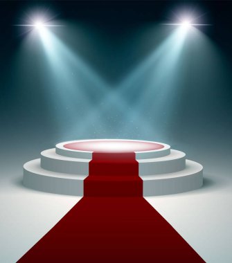 Kırmızı halı ve ışık efekti ile yuvarlak podyum, vektör tasarım illüstrasyon
