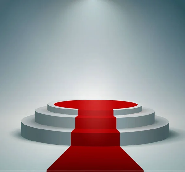 Red carpet en ronde podium met verlichting effect, abstracte achtergrond, vector — Stockvector