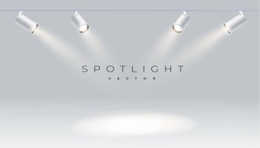 Parlak beyaz ışık parlayan sahne vektör seti ile gerçekçi dört spot ışığı. Işıklı efekt formu projektörü, stüdyo için projektör. Gri renkli eps 10 minimalist lamba