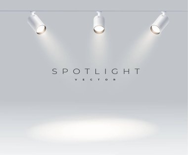 Parlak beyaz ışık parlayan sahne vektör seti ile gerçekçi ücretsiz spot ışıkları. Işıklı efekt formu projektörü, stüdyo için projektör. Gri renkli eps 10 minimalist lamba