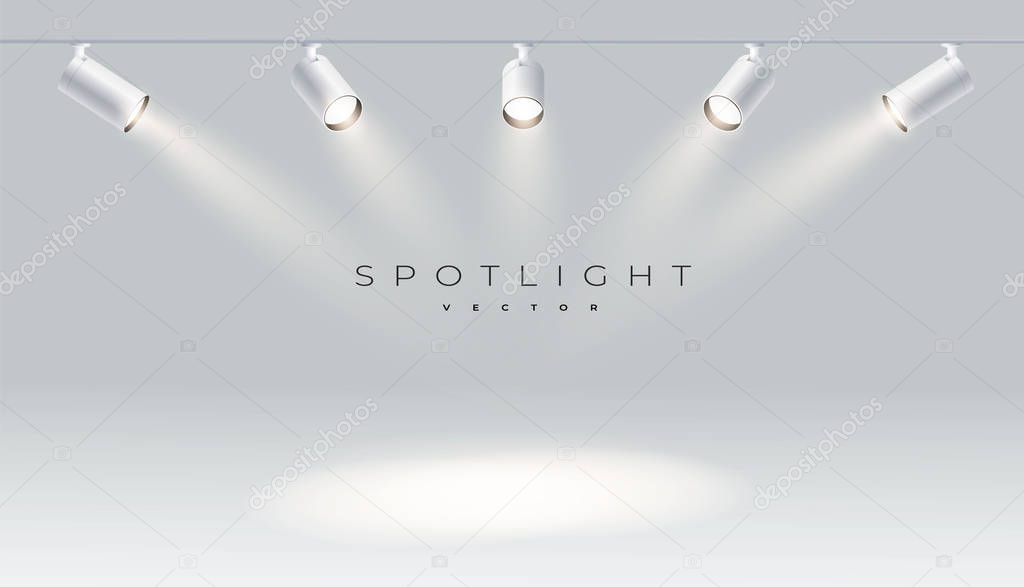 Five spotlights realistic with bright white light shining stage vector set. Illuminated effect form projector, projector for studio. Minimalistic lamp in grey color eps 10