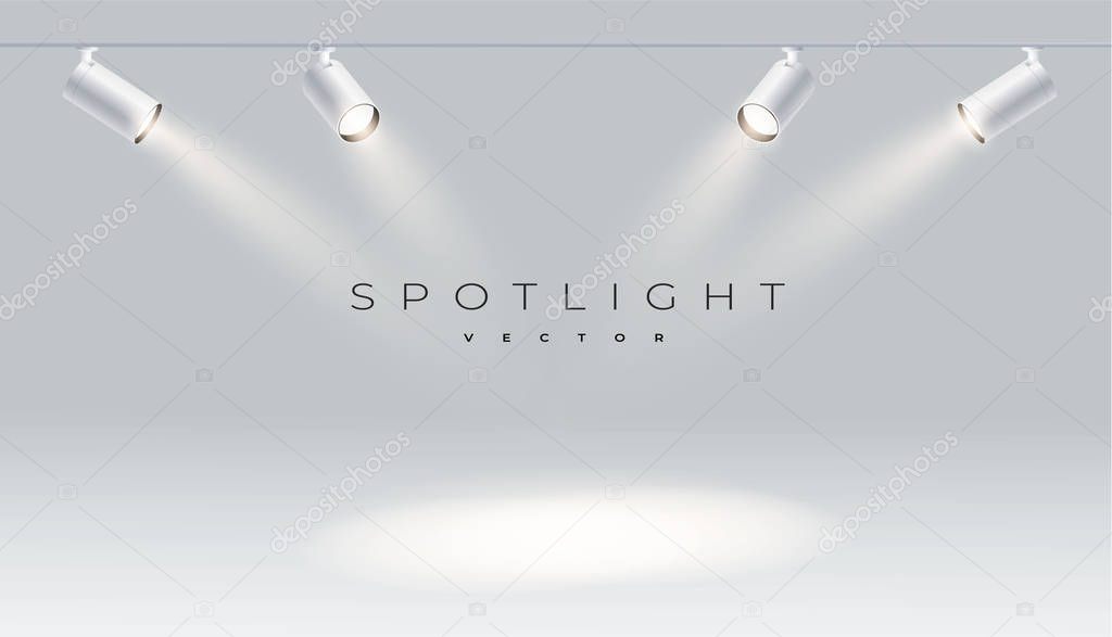 Four spotlights realistic with bright white light shining stage vector set. Illuminated effect form projector, projector for studio. Minimalistic lamp in grey color eps 10