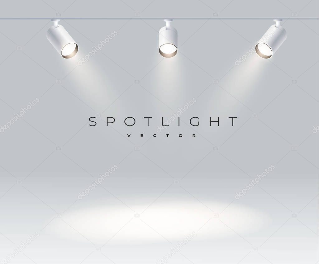 Free spotlights realistic with bright white light shining stage vector set. Illuminated effect form projector, projector for studio. Minimalistic lamp in grey color eps 10