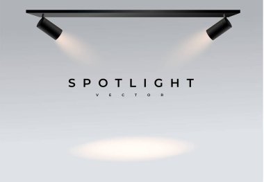 İki siyah modern. Yerine parla. Nokta. Saydam arka planda izole edilmiş beyaz ışık koleksiyonuna sahip spot ışıkları. Gösteri için spot ışığı, projektörden gelen parlak ışın, vektör çizimi