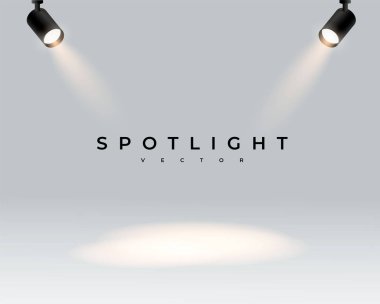 Gösteri yarışması veya röportaj için iki modern spot gerçekçi şeffaf arka plan. Işıklı efekt formu projektörü, stüdyo için projektör. Minimalist lamba. Yer. vektör illüstrasyon eps 10