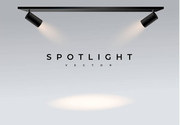 Два черных модерна. Посияй на месте. пятна. Прожекторы с коллекцией белого света изолированы на прозрачном фоне. Прожектор для шоу, яркий луч от проектора, векторная иллюстрация
