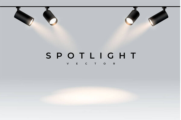 Четыре черных модерна. Посияй на месте. пятна. Прожекторы с коллекцией белого света изолированы на прозрачном фоне. Прожектор для шоу, яркий луч от проектора, векторная иллюстрация
