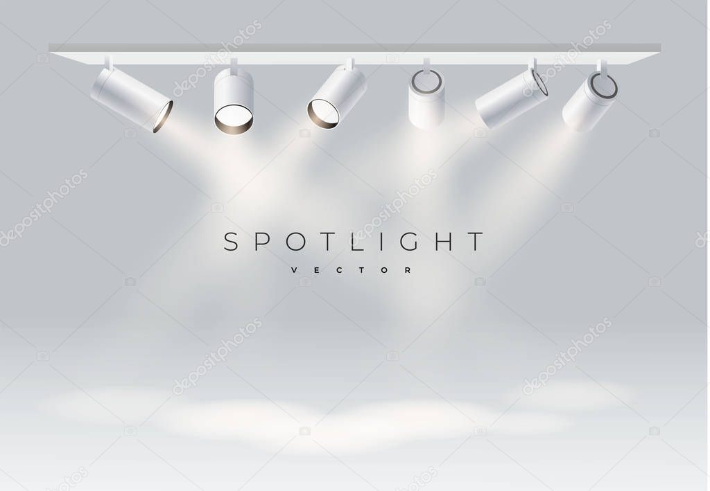 Six spotlights realistic random direction on panel with bright white light shining stage vector set. Illuminated effect form projector, projector for studio. Minimalistic lamp in grey color eps 10