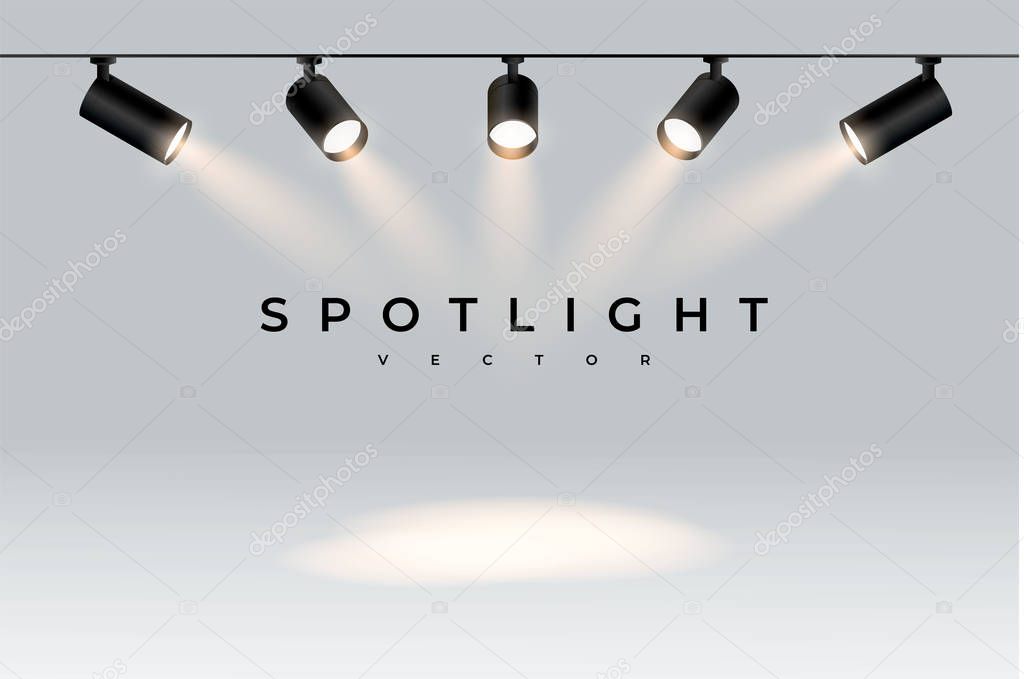 Five modern black spotlights shine in one direction realistic transparent background for show contest or interview.Illuminated effect form projector, projector for studio. Minimalistic lamp vector