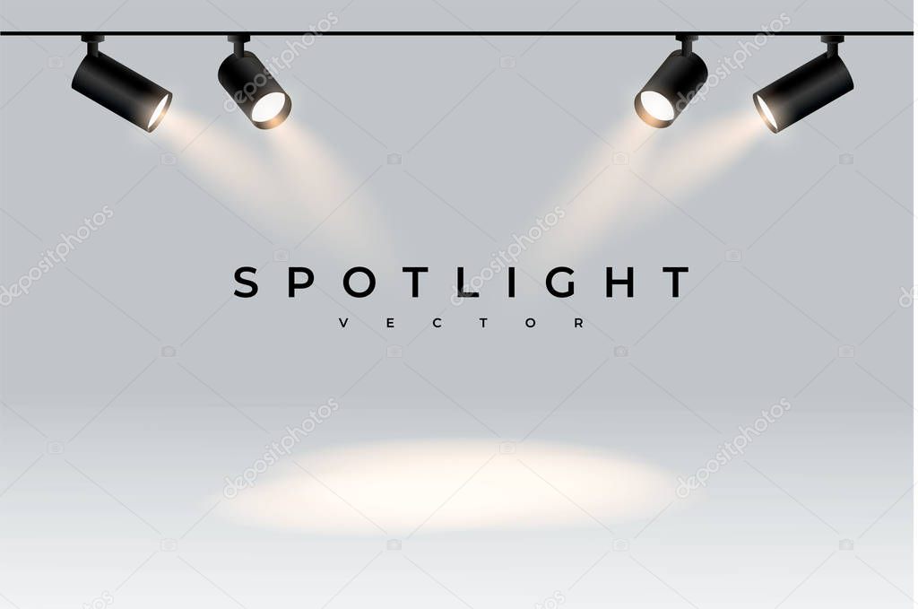 Four black moderns. Shine into place. spot. Spotlights with white light collection isolated on transparent background. Spotlight for show, bright beam from projector, vector illustration