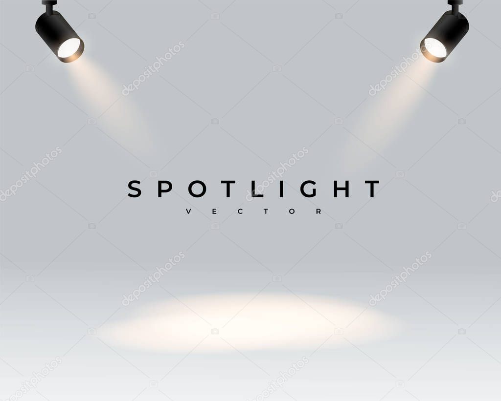 Two modern spotlights realistic transparent background for show contest or interview.Illuminated effect form projector, projector for studio. Minimalistic lamp. Place. vector illustration eps 10