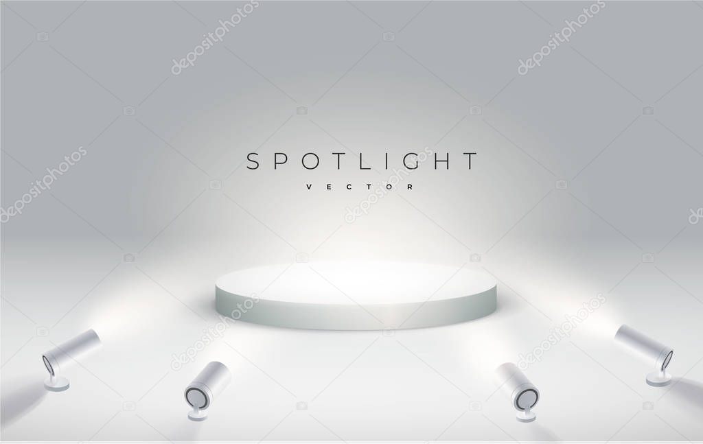 four spotlights shine from the bottom to the podium. Round podium, pedestal or platform illuminated by spotlights on white background. Stage with scenic lights. Vector illustration.