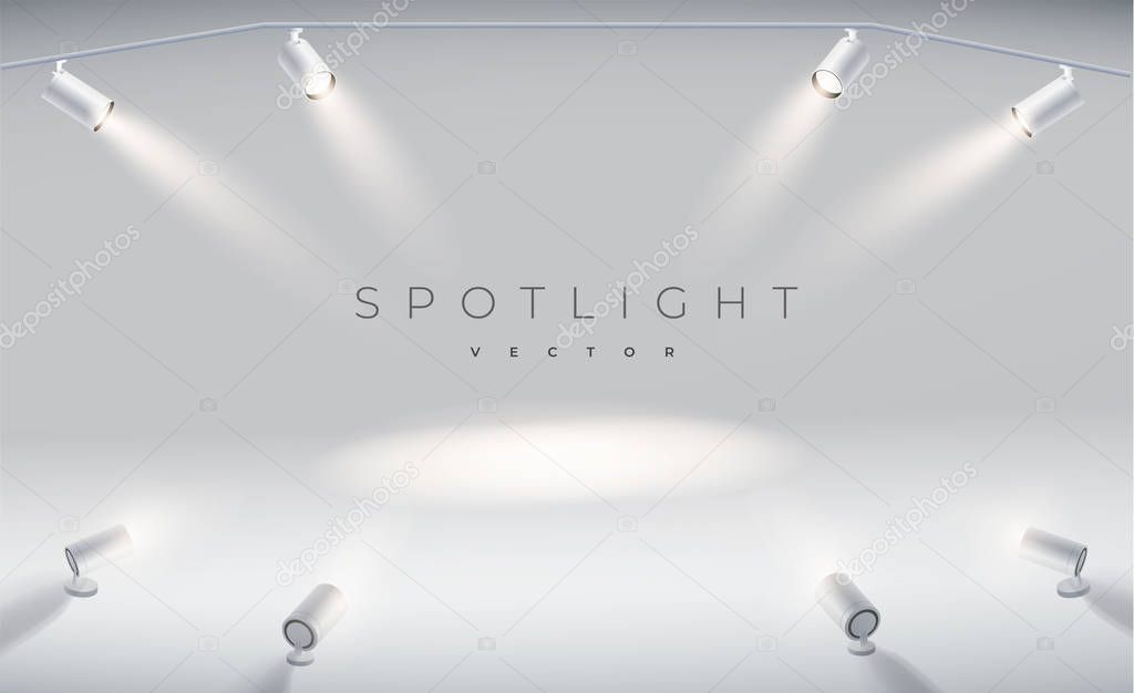 Set spotlights realistic with bright white light shining stage vector set. Illuminated effect form projector, projector for studio. Minimalistic lamp in grey color eps 10