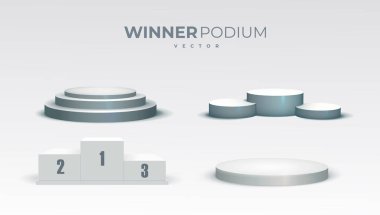 Beyaz podyum. Yuvarlak ve kare 3d boş podyum adımları ile. Showroom kaideleri, izole kat sahne platform vektör mockup