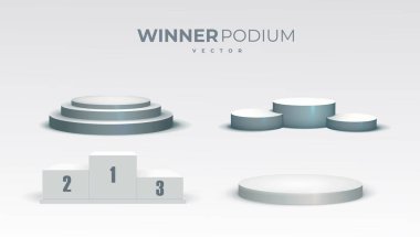 White podiums. Round and square 3d empty podium with steps. Showroom pedestals, floor stage platform vector isolated mockup clipart