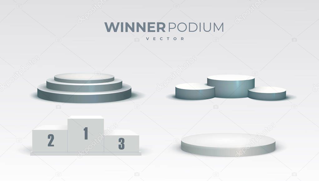 White podiums. Round and square 3d empty podium with steps. Showroom pedestals, floor stage platform vector isolated mockup
